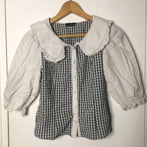 SOLD Coquette Cottagecore Puff Sleeve Button Down Plaid Shirt With Ruffle Collar